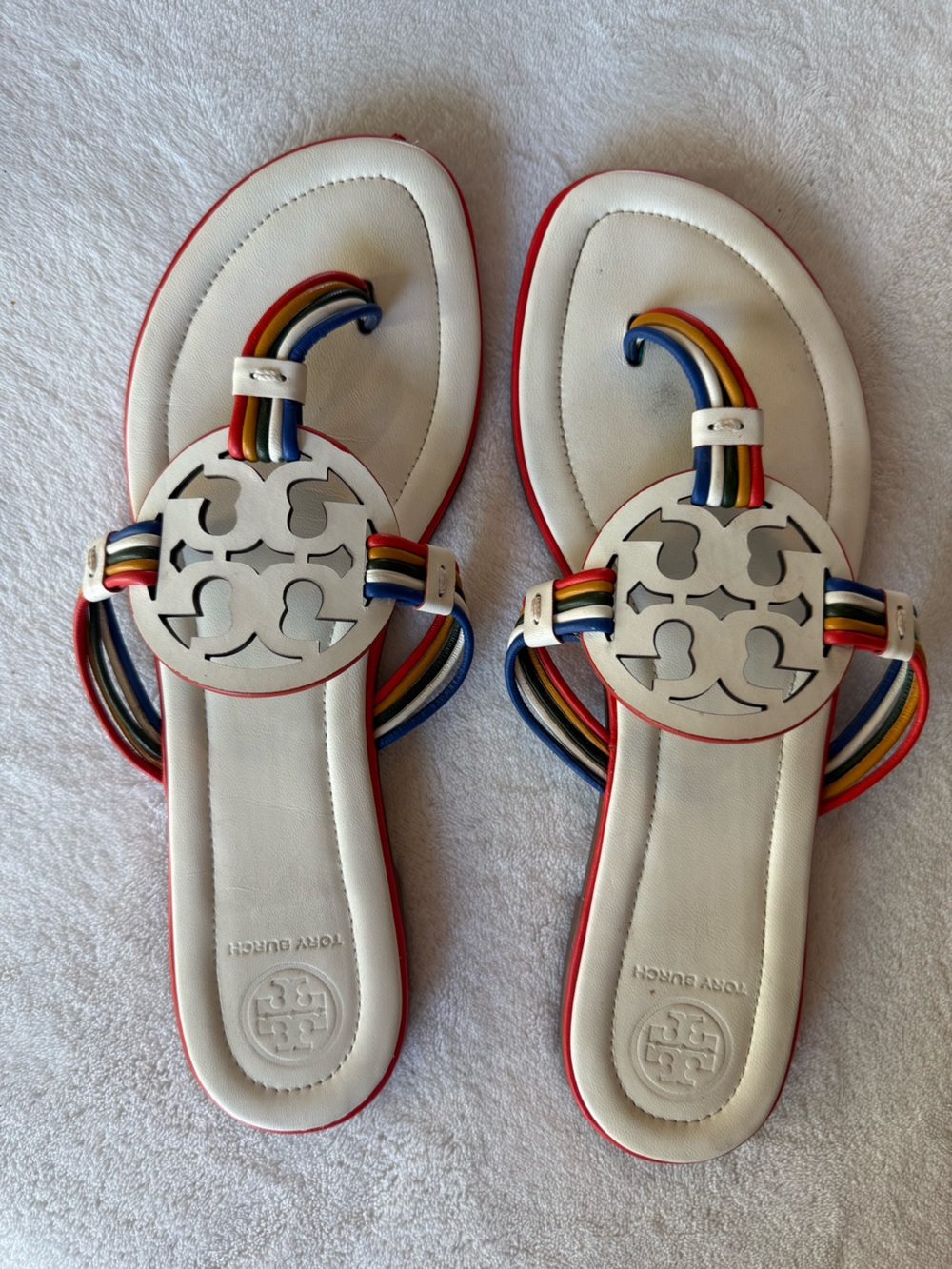 Tory Burch Mignon White Rainbow Multi Color Miller Sandals